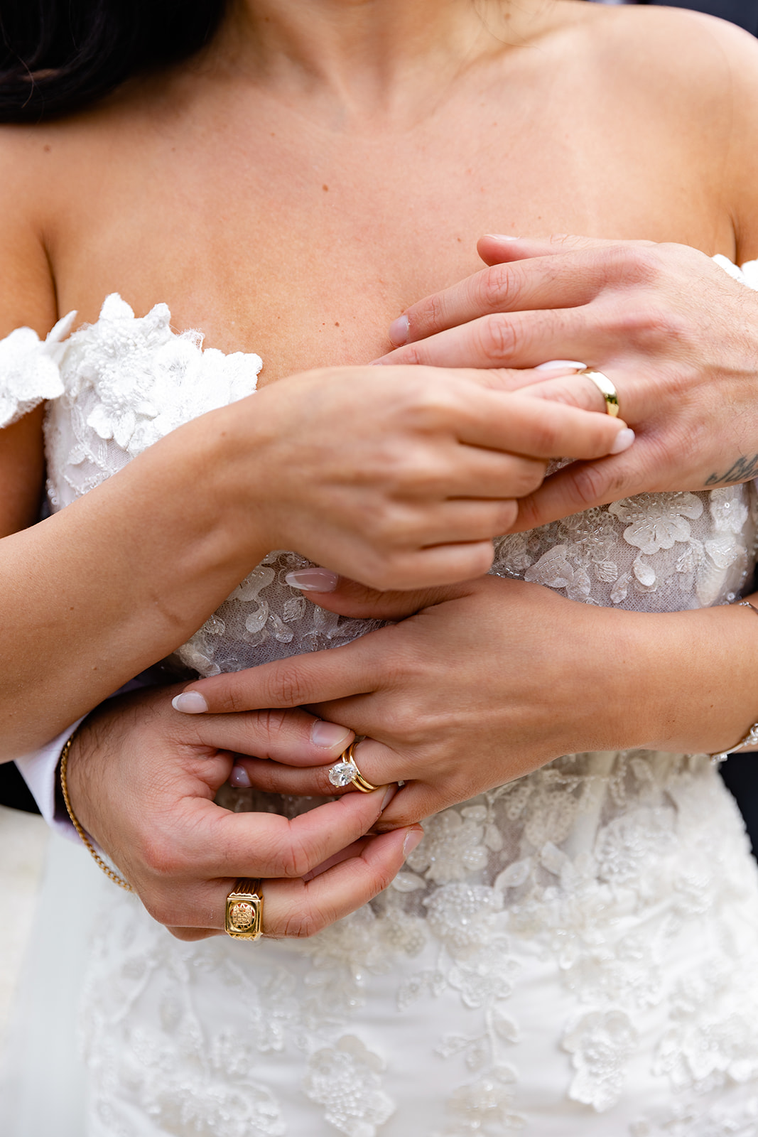 Close-up detail of a bride and groom at a French elopement, capturing intimate and romantic moments