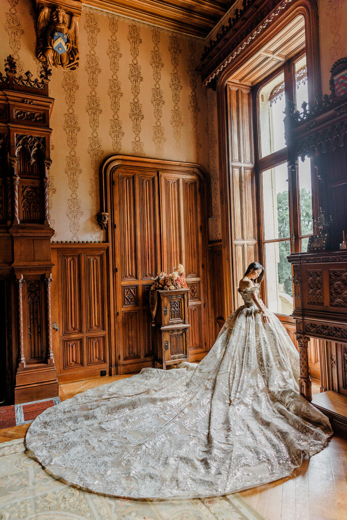 Bridal portrait captured by light inside Château Challain