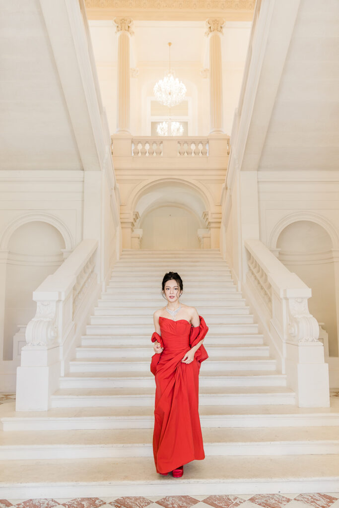 Bride at a romantic elopement in a French château, captured in soft natural light